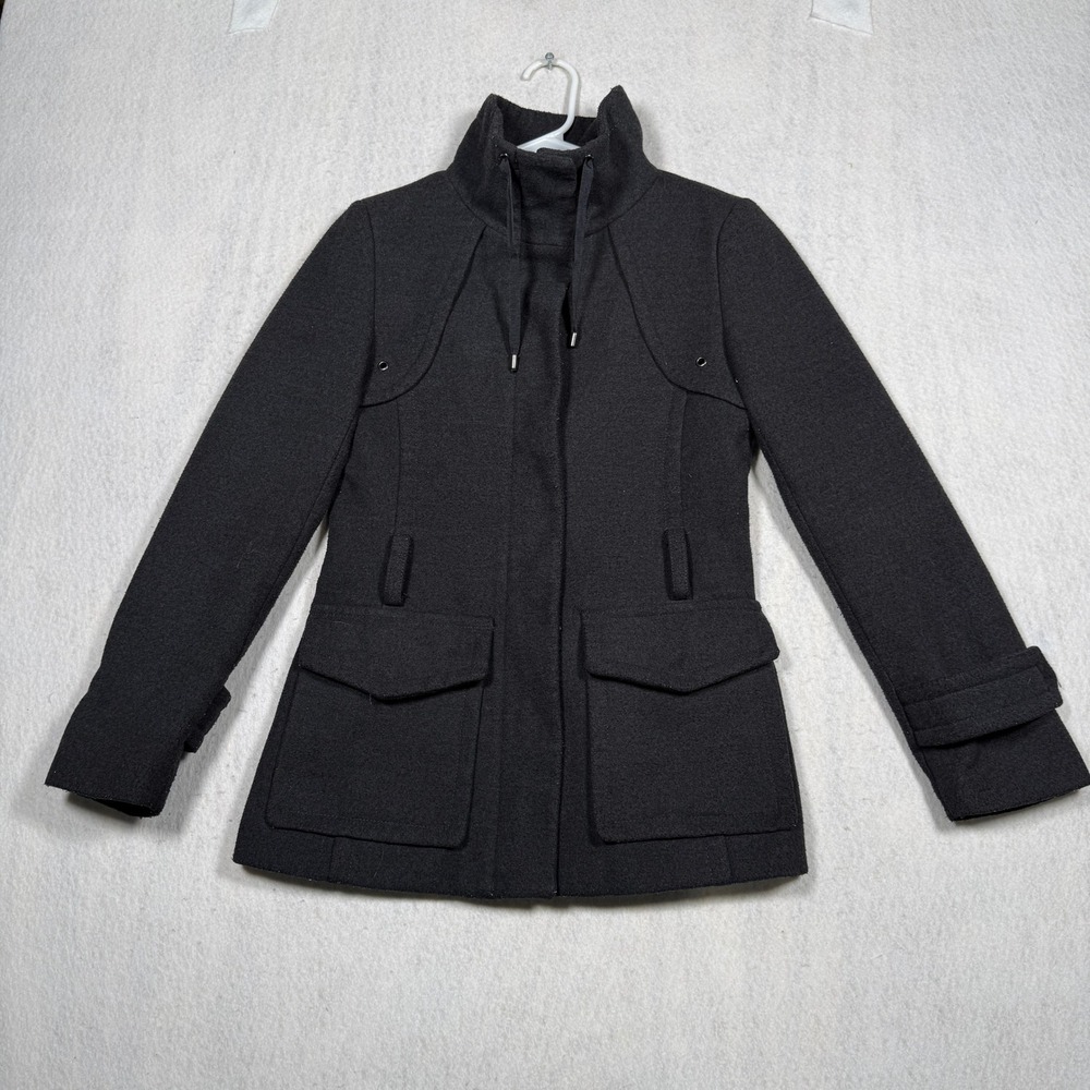 Charcoal Gray Funnel Neck Wool Blend Utility Jacket with Pockets and Drawstring